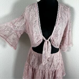 Free People Pink Lace Tie Front Romper Skirted One Piece L